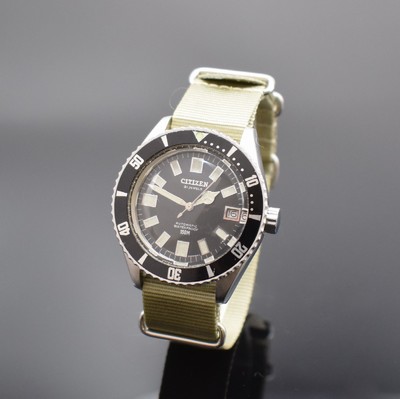 CITIZEN 150m Vintage-Taucheruhr in Stahl Referenz 62-5370, Japan um 1970, Automatik, verschr. Geh., beids. drehb. Lünette m. 60er- Tlg., Krone ...