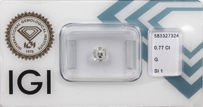 Loser Diamant im modifizierten Kissenschliff 0.77 ct feines Weiß(G)/si1, IGI-Report 07/23, verschweißt