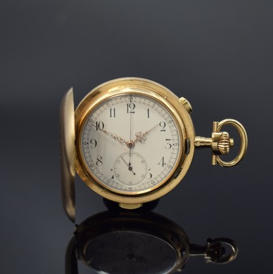 Savonette mit Minutenrepetition und Chronograph in RG 585/000, Schweiz um 1900, glattes 3-Deckel Goldgeh. m. gestuftem Pendant, Cuvette m. ...