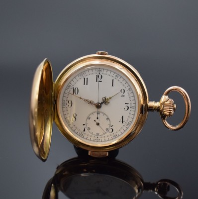 Herrensavonette mit 1/4-Stunden-Repetition und Chronograph in RG 585/000, Schweiz um 1900, guill. 3-Deckel Goldgeh. dell., Cuvette m. Gravur, ...