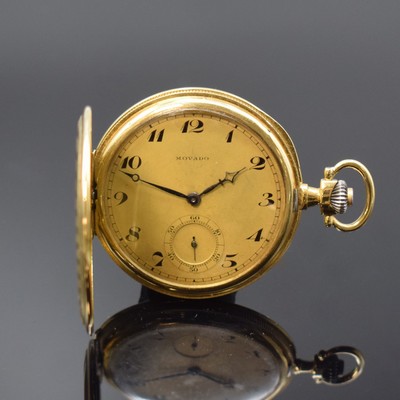 MOVADO Savonette Frackuhr in GG 750/000, Schweiz um 1925, Streifen-guill. 3-Deckel Goldgeh., gerippter Rand, Cuvette m. Medaillengrav., gold. ...