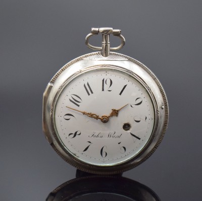JOHN WARD große Spindeltaschenuhr in Silber, um 1790, glattes Geh. dell. m. großem Aussenscharnier, Emailzifferbl. riss., radiale arab. Zahlen, ...