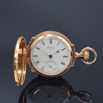 AMERICAN WALTHAM Watch Company schwere Savonette in RoseG 585/000, USA um 1888, aufw. graviertes 3-Deckel Gold-Prunkgehäuse, beide Schalen m. ...