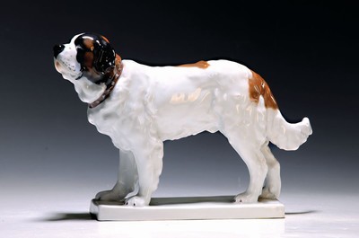 Porzellanfigur, "Bernhardiner", Entwurf Emmerich Oehler von 1906, frühe Ausformung mit Knaufschwertern, erste Wahl, auf rechteckigem ...