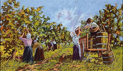 Bertocchi, Apfelernte, Öl/Platte, signiert, rückseitig bezeichnet und mit Etikett, 30 x 50 cm, unter Glas, Rahmen ca. 52 x 72 cm