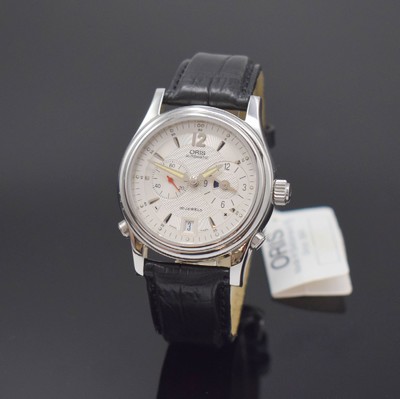 ORIS Herrenarmbanduhr mit zweiter Zeitzone, Schweiz um 1998, Automatik, Ref. 7485, beids. Saphirvergl. Geh. in Stahl, orig Lederband m. Dornschl., ...