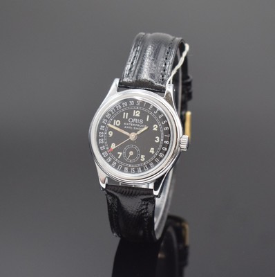 ORIS Armbanduhr mit Zeigerdatum, Schweiz um 1996, Handaufzug, Edelstahlboden verschr., schwarzes Kontrastzifferbl., Leuchtzahlen, Anz. v. Std., Min., ...