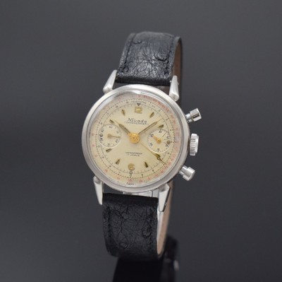 NIVADA Schaltrad Herrenchronograph Compensamatic in Stahl, Schweiz um 1955, Handaufzug, verschr. Boden m. Bezeichnung LAMONT, silb. Zifferbl. fl., ...