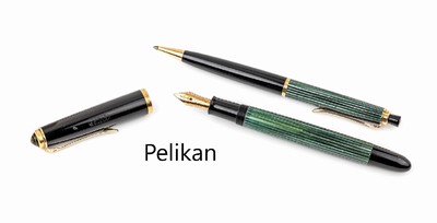 Pelikan Schreibset, best. aus: Druckbleistift und Füller, Zellulose Acetat inschwarz und grün, Füller mit 14 kt GG Feder, Gebr.-Spuren