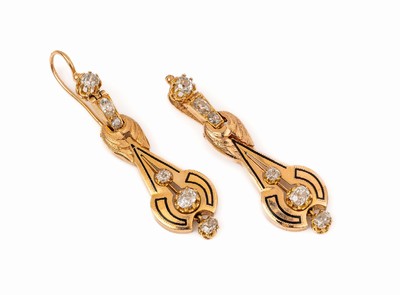 Paar 18 kt Gold Diamant-Ohrgehänge, um 1880, RG 750/000 gepr., schwarz emaill., 1 Ohrgehänge umgearbeitet zum Anhänger, aber reversibel, L. ca. ...