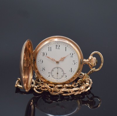 OMEGA Savonette Herrentaschenuhr in RG 585/000, Schweiz um 1900, guill. 2-Deckel Goldgeh. dell., 2-tlg. Emailzifferbl. m. arab. Zahlen, gold. Zeiger, ...