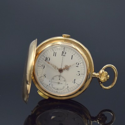 Herrensavonette mit 1/4-Repetition und Schaltradchronograph in RG 585/000, Schweiz um 1900, guill. 3-Deckel Goldgeh. dell., Sprungdeckel mit ...