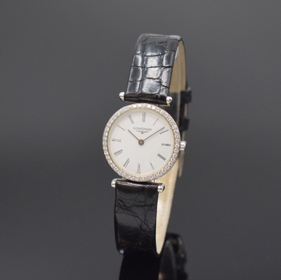 LONGINES Damenarmbanduhr La Grande Classique mit Brillantlünette Referenz L4.204.0, Schweiz um 2012, quarz, Stahlgehäuse inkl. orig. Lederband m. ...