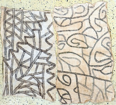 1 paar Mbuti Zeichungen, Kongo, Anfang 20.Jhd, Handgemalt auf Rindenbast, ca. 93 x 53cm, EHZ: 2