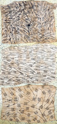 3 Mbuti Zeichungen, Kongo, Anfang 20.Jhd, Handgemalt auf Rindenbast, ca. 80 x 55 cm, EHZ: 2
