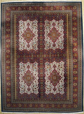 Kaschmir fein"Seidengrund", Indien, ca. 50 Jahre, Korkwolle mit Seide, ca. 360 x 270 cm, EHZ: 2