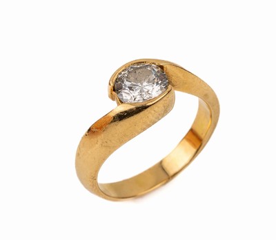 18 kt Gold Brillant-Ring, GG 750/000 gepr.,geschwungene Gestaltung, 1 Brillant ca. 0.85 ct Weiß/p, RW 54, ca. 6.1 g