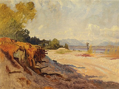 Adolf Heinrich Lier, 1826 Herrnhut-1882 Vahrn bei Brixen, Landschaftstudie an einem Seeufer, Öl/Malkarton, unsigniert, rückseitig längere ...