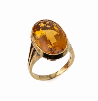 14 kt Gold Citrin-Ring, 1950er Jahre, GG 585/000, ovalfacett. Citrin ca. 10.00 ct, RW 53, ca. 7.2 g, Hersteller GEBR. CASPER