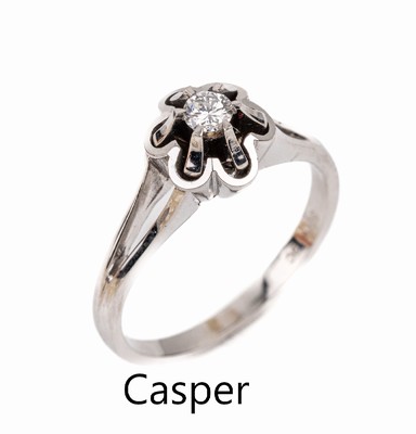 14 kt Gold Brillant-Ring, WG 585/000, Brillant ca. 0.13 ct (grav.) Weiß/si, RW 56, ca. 3.7 g, Hersteller GEBR. CASPER