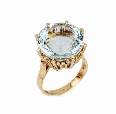 14 kt Gold Aquamarin-Ring, 1950er Jahre, GG585/000, rundfacett. Aquamarin 12.50 ct, RW 54, ca. 8.3 g, bez. Handarbeit