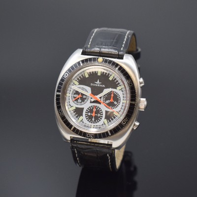 DUGENA Armbandchronograph Referenz 157, Handaufzug, Schweiz um 1970, Edelstahlgeh., Boden verschr., Lünette m. 60er Teilung beids. drehb., schwarzes ...