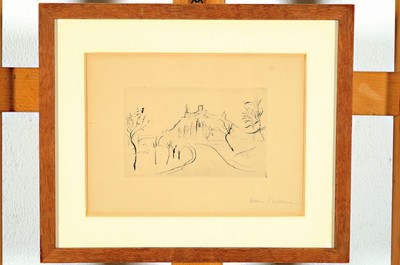 Hans Purrmann, 1880 Speyer-1966 Basel, Landschaft mit Weg der zu einer Burg führt, Radierung, rechts unten handsigniert, gebräunt, Abb. ca. 9x14cm, ...