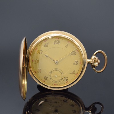 Savonette Herrentaschenuhr in RoseG 585/000, Schweiz um 1920, glattes 2-Deckel Goldgeh. l. dell., verg. Cuv., verg. Zifferbl. m. gold. ...