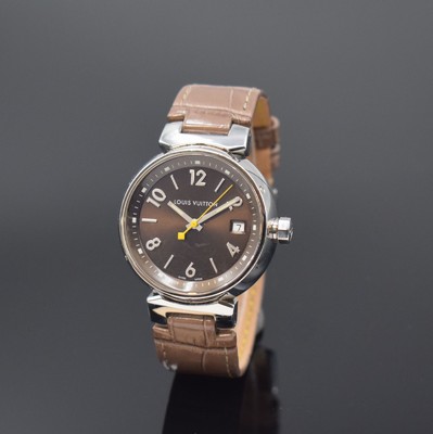 LOUIS VUITTON Tambour Armbanduhr Referenz Q1311, Schweiz um 2010, quarz, Edelstahlgeh., Boden 6-fach verschr., orig. Lederband m. Dornschl., braunes ...
