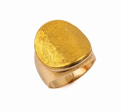 14 kt Gold Münz-Ring, GG 585/000, gewölbte Goldmünze, 1 Dukat, Österreich-Ungarn, 1915, offizielle Nachprägung, stark abgenutzt, RW 53, ca. ...