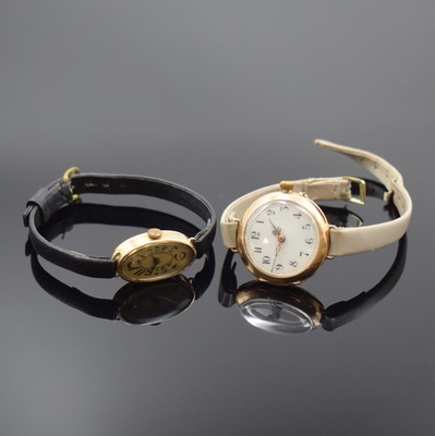 2 Frühe Damenarmbanduhren in GG/RG 585/000, Schweiz um 1900-1920, Handaufzug, Email- u. Metall-Zifferbl., Zylinder u. Ankerwerk, D. ca. 28 u. 15 mm, ...