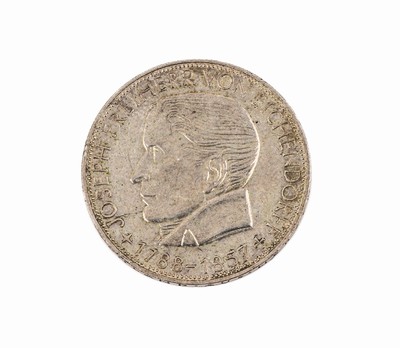 5 Mark Silbermünze, Deutschland 1957, Freiherr Joseph von Eichendorff, Prägemarke J