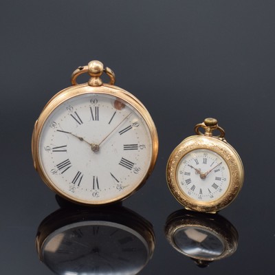 2 Taschenuhren in RG 750/000 und 585/000, Schweiz um 1870-1900, beide m. Emailzifferbl. riss./besch. u. Zylinderwerk, 1.) Herrenuhr in RG 750/000 m. ...