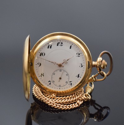 SAVONETTE in RoseG 585/000, Schweiz um 1910, 3-Deckel Goldgeh., Emailzifferbl. m. arab. Zahlen, gold. Zeiger, verg. Werk, Schr.-Unr., Breguet-Sp., D. ...