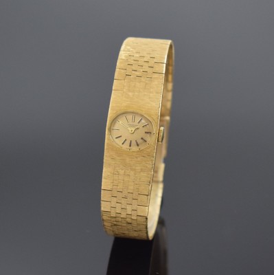 IWC Damenarmbanduhr in GG 750/000 mit Kaliber 431, Schweiz um 1965, Handaufzug, 2-teil. Geh., Boden aufgedr., gold. Zifferbl. m. aufges. Std.-Ind., ...
