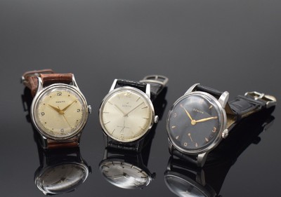 ZENITH 3 Herrenarmbanduhren in Stahl, Schweiz ca. 1950-1960, Handaufzug, gedr. Geh., 1.) Mod. Sporto, Zifferbl. rest., verg. Werk verglast, Kal. 40, ...