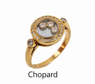 18 kt Gold CHOPARD Diamant-Ring, GG 750/000, 5 Brillant, 3 davon bewegl. hinter Glas und 24 8/8-Diamanten zus. ca. 0.24 ct feines Weiß-Weiß/vs, RW ...