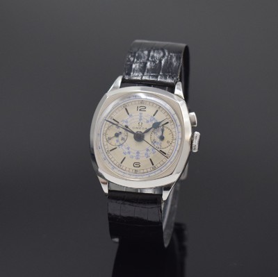OMEGA Carré-Cambré Armbandchronograph in Stahl, Schweiz um 1940, Handaufzug, 3-tlg. Geh., Boden u. Glasrand aufgedr., silb. Zifferbl. rest., gebl. ...