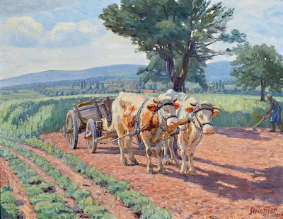 Heinrich Strieffler, 1872 Neustadt-1949 Landau, Öl/Holzplatte, Ochsenfuhrwerk und pflügender Bauer in sommerlicher Landschaft, Blick auf die ...