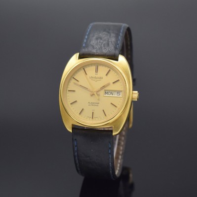 LONGINES Flagship Ultronic Herrenarmbanduhr in GG 750/000 mit Stimmgabelschwinger Referenz 4807 1, Schweiz um 1970, 2-teil. Gehäuse, Boden aufgedr., ...