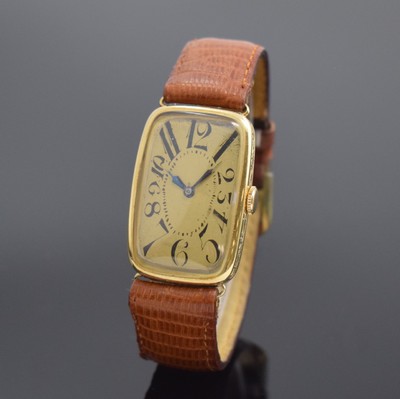 Frühe Herrenarmbanduhr in GG 585/000, Schweiz f. deutschen Markt um 1925, Handaufzug, Scharniergehäuse sign. Bosch, pat. Zifferbl. m. arab. Zahlen, ...