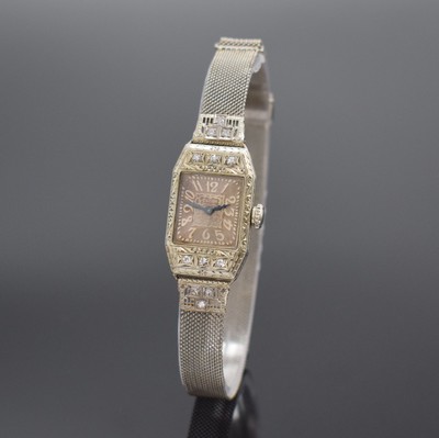 ELGIN Art-Deco Damenarmbanduhr in WG 585/000, USA um 1925, Handaufzug, 2-teil. grav. Gehäuse m. Diamanten bes., Boden mit Monogramm aufgedr., feines ...