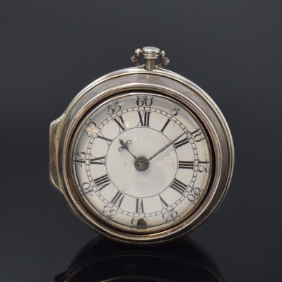 JOHN TRUBSHAN London frühe Spindeltaschenuhr in Silber mit Stunden-Selbstschlag, England um 1720, doppeltes Geh. später, Emailzifferbl. um 1760 ...
