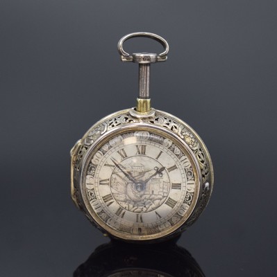 DEBEAUFRE London seltene Spindeltaschenuhr mit 1/8-Stunden-Repetition, England um 1720, doppeltes, vergold. u. aufwend. durchbr. Geh. in Silber, ...