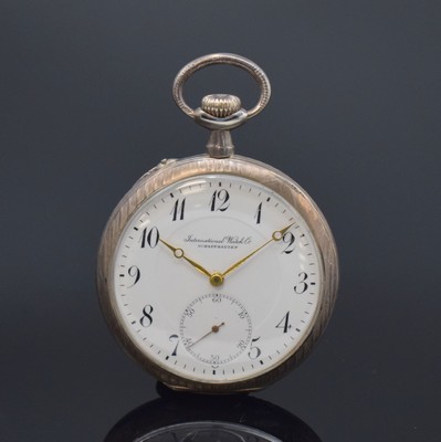 IWC offene Taschenuhr in Silber, Schweiz um 1912, Emailzifferbl. m. arab. Zahlen, gold. Zeiger, verg. Werk Kal. 52, Komp.-Unr., gebl. Breguet-Sp., ...