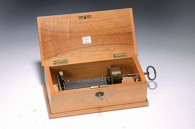 Spieluhr, um 1900, Spielwerk " A Maly N Prag", Holzgehäuse sekundär, Messingspielwerk, 2 Melodien, 83 Zungen, mit Aufziehschlüssel und ...