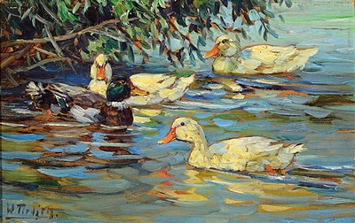 Willy Tiedjen, 1881 Hamburg-1950 München, Studium an der Akademie München, Schüler des Heinrich von Zügel, hier: Enten auf dem Teich, ...