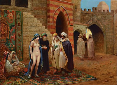 Stephan Sedlacek, 1868 Königstetten-1936 Wien , orientalischer Sklavenmarkt, Begutachtung einer unbekleideten Haremsdame, links unten signiert, ...