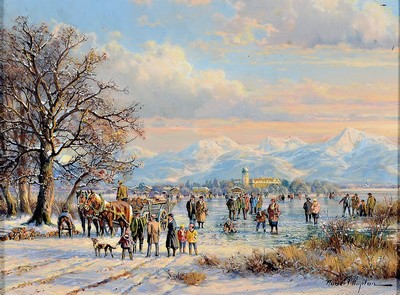 Hubert Kaplan, geb. 1940 München, Eisvergnügen vor Bodenseelandschaft, vielfigurige Szene mit Voralpenlandschaft, Öl/Holz, rechts unten signiert, ...