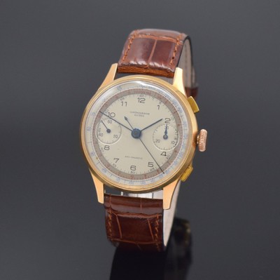 CHRONOGRAPHE SUISSE Schaltradchronograph in RG 750/000, Handaufzug, Schweiz um 1948, Boden und Glasrand aufgedr., Metallcuv. zur Armierung, silb. ...